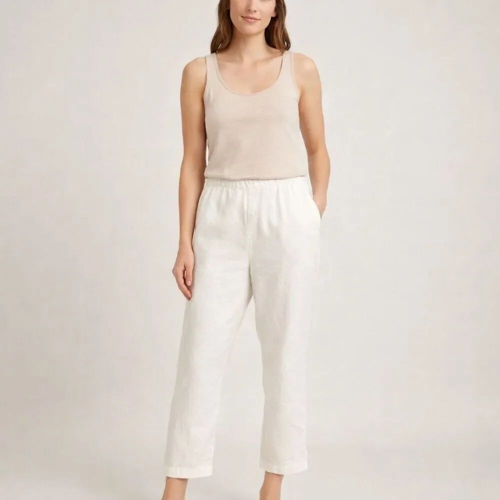 Petite Linen Pants White Elastic Waist Women PL Cropped